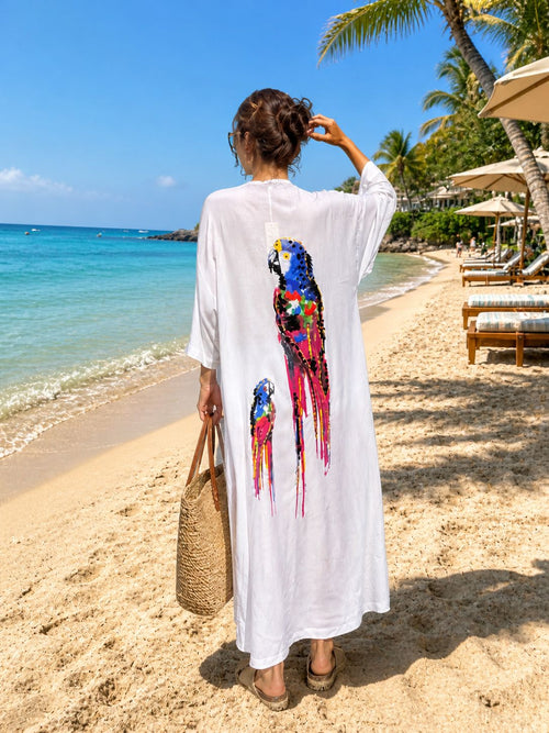 Colorful Parrot Print Belted Cover Up – Cotton Viscose Beach Kaftan – Lightweight Oversized Summer Robe – Boho Beach Kimono