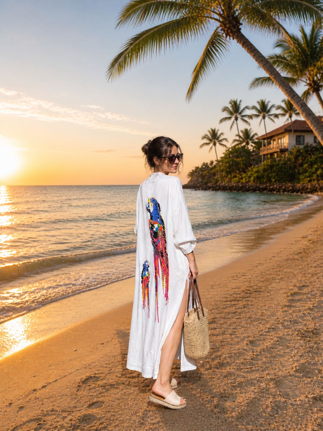 Colorful Parrot Print Belted Cover Up – Cotton Viscose Beach Kaftan – Lightweight Oversized Summer Robe – Boho Beach Kimono