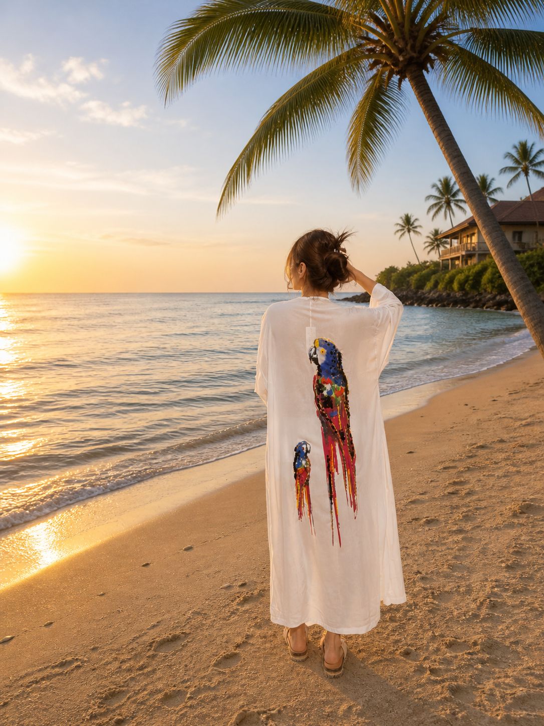 Colorful Parrot Print Belted Cover Up – Cotton Viscose Beach Kaftan – Lightweight Oversized Summer Robe – Boho Beach Kimono