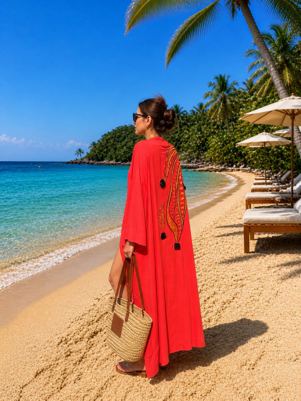 Pomegranate Red Cotton Kimono – Boho Long Beach Cover Up – Patterned Oversized Summer Kaftan – Lightweight Resort Wear for Women