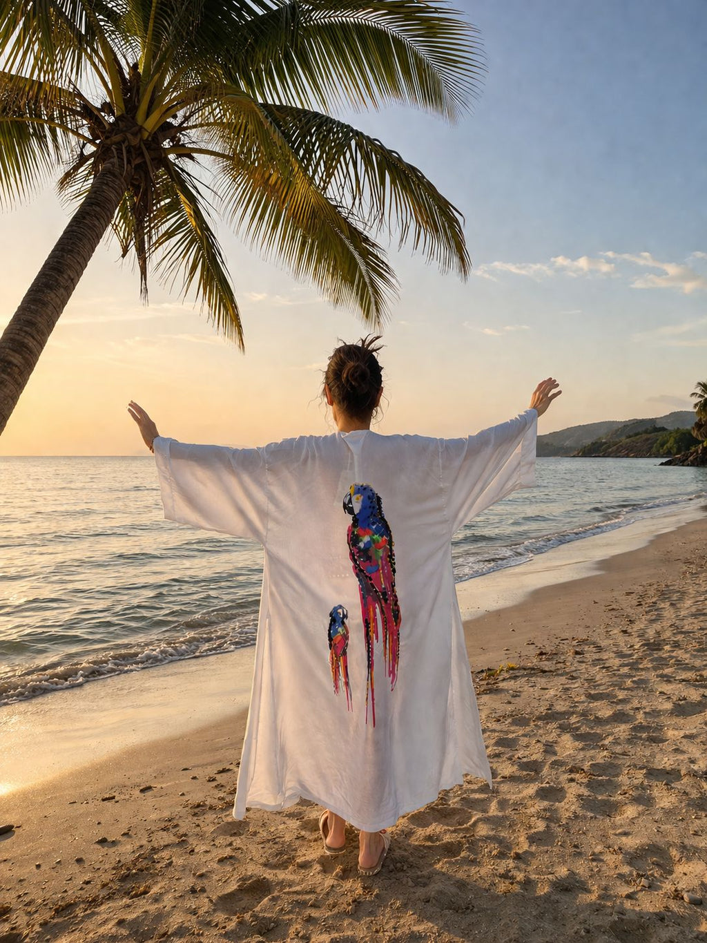Colorful Parrot Print Belted Cover Up – Cotton Viscose Beach Kaftan – Lightweight Oversized Summer Robe – Boho Beach Kimono