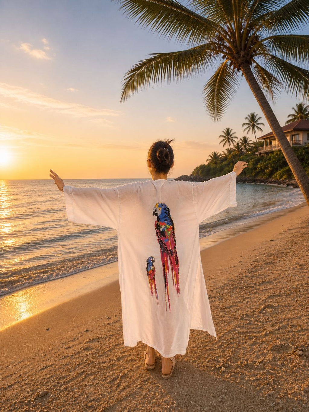 Colorful Parrot Print Belted Cover Up – Cotton Viscose Beach Kaftan – Lightweight Oversized Summer Robe – Boho Beach Kimono