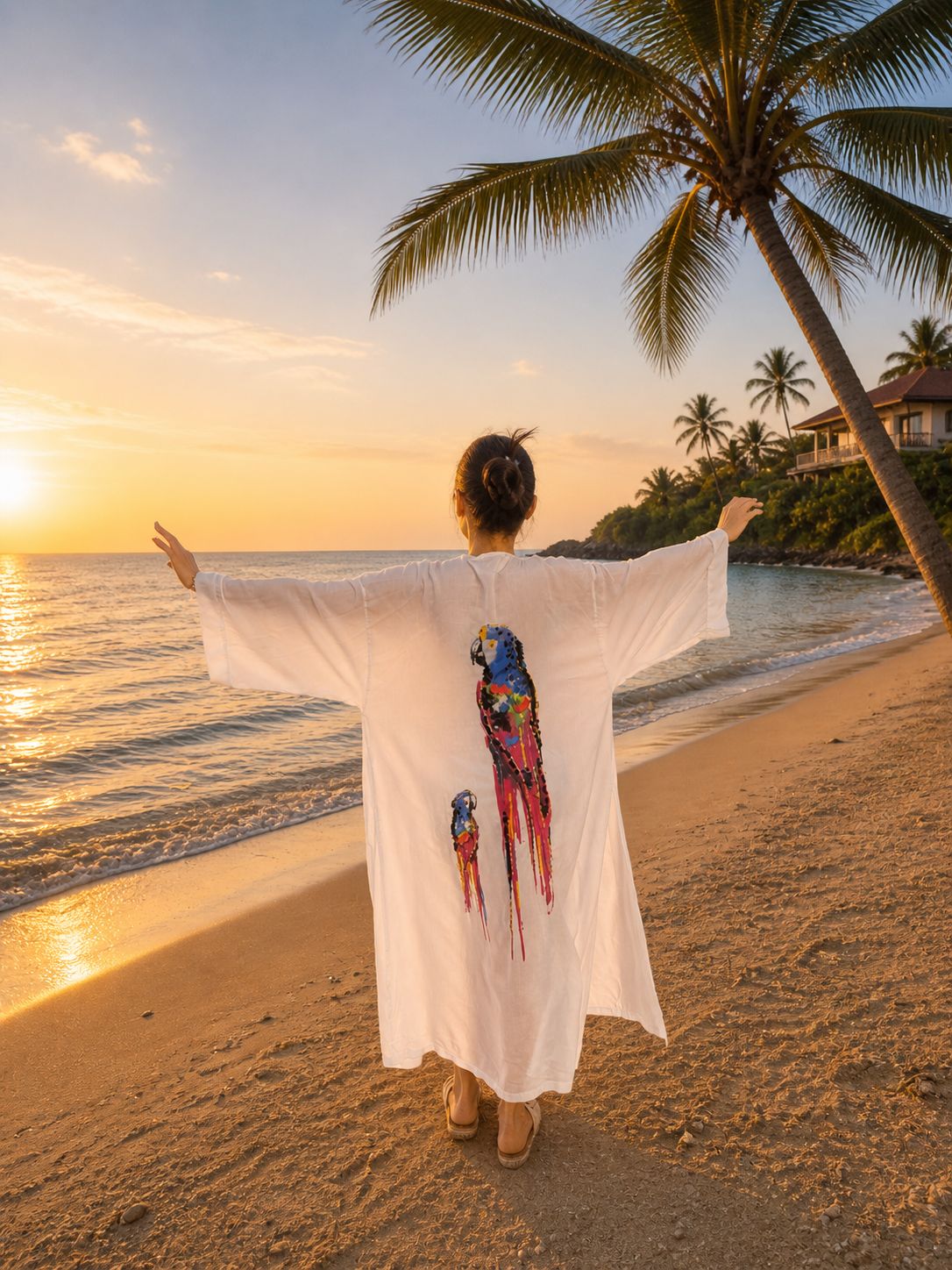 Colorful Parrot Print Belted Cover Up – Cotton Viscose Beach Kaftan – Lightweight Oversized Summer Robe – Boho Beach Kimono