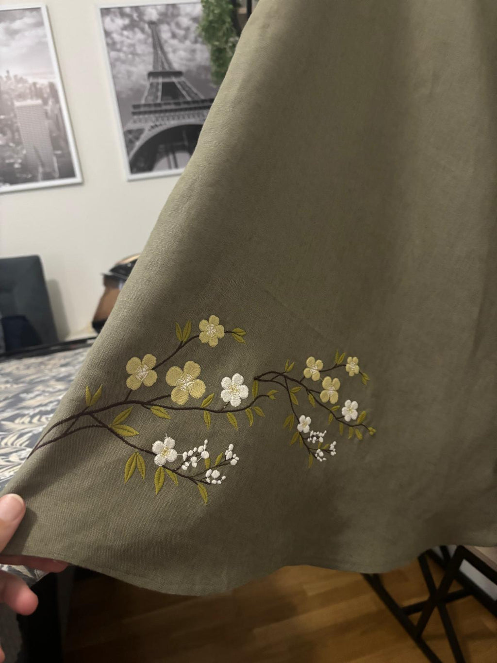 Embroidered Linen Midi Skirt, Natural Fabric, High Waist, Breathable, Cottagecore, Sustainable Summer Clothing