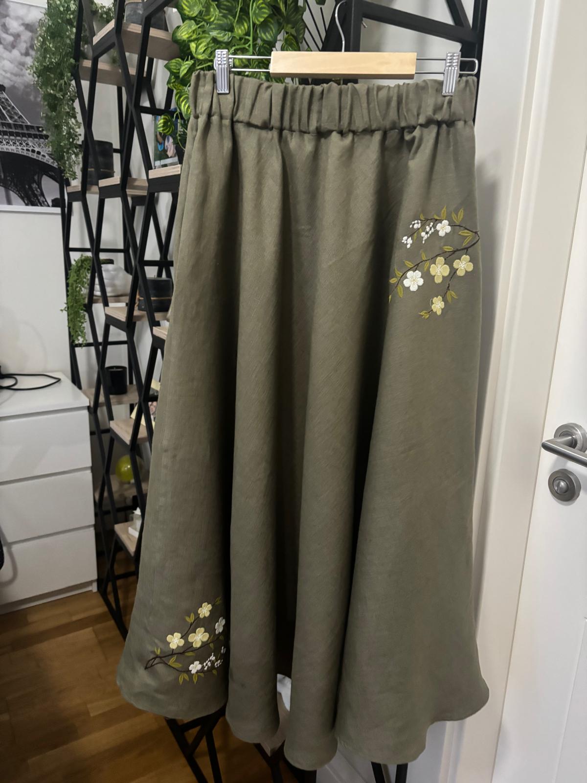Embroidered Linen Midi Skirt, Natural Fabric, High Waist, Breathable, Cottagecore, Sustainable Summer Clothing