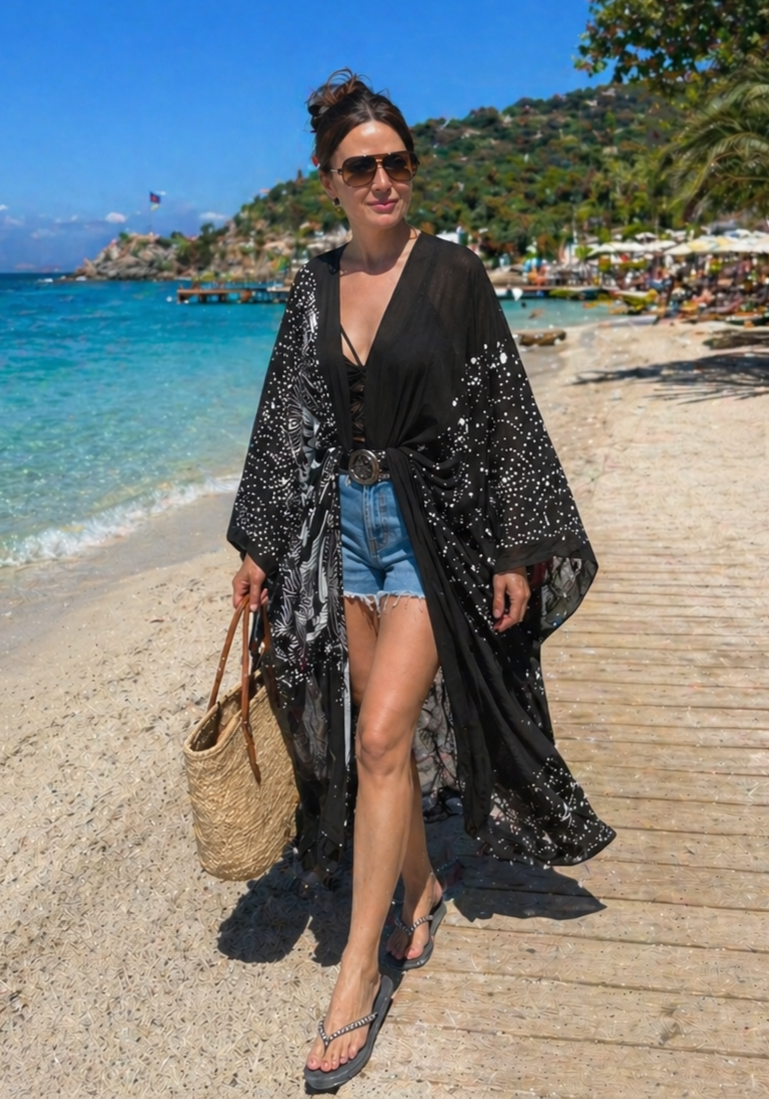 Black Kimono With Aboriginal Pattern, Boho Beach Cover Up, Festival Kimono, Loose Fit Kaftan, Lightweight Summer Robe, Resort Wear