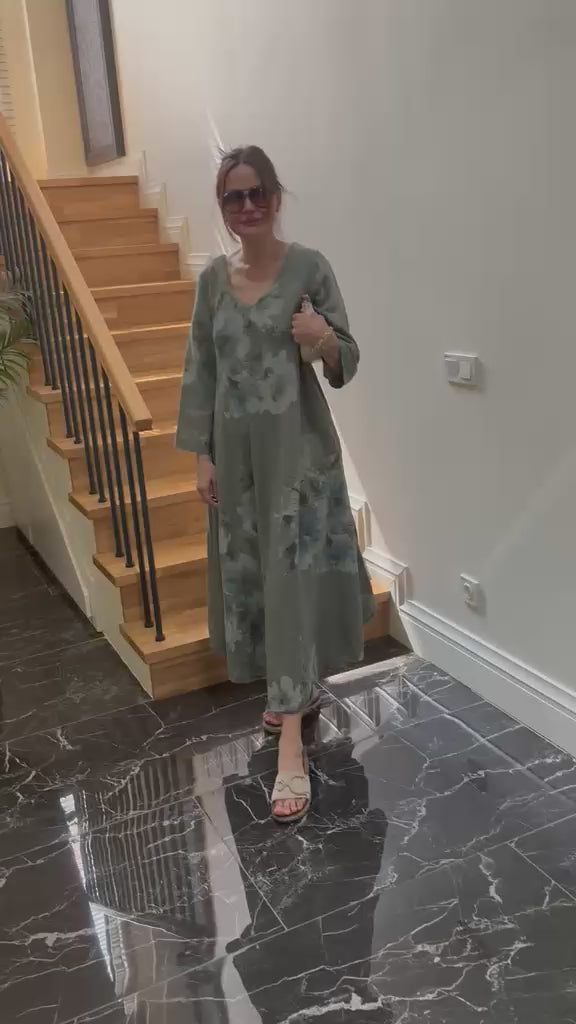 Olive Green 100% Linen V Neck Maxi Dress, Oversized Floral, Boho Resort Wear, Elegant Summer Kaftan