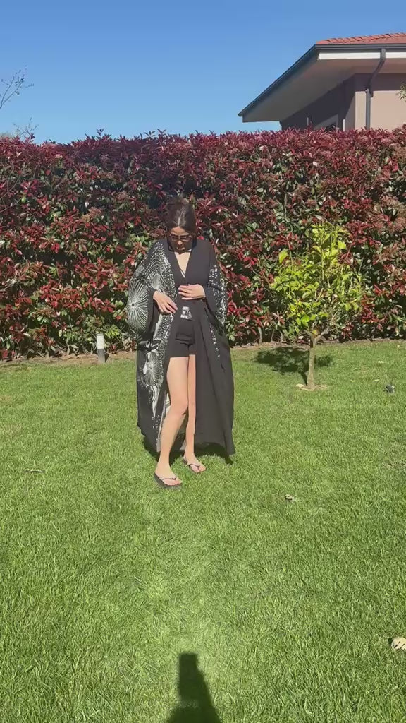 Black Kimono With Aboriginal Pattern, Boho Beach Cover Up, Festival Kimono, Loose Fit Kaftan, Lightweight Summer Robe, Resort Wear