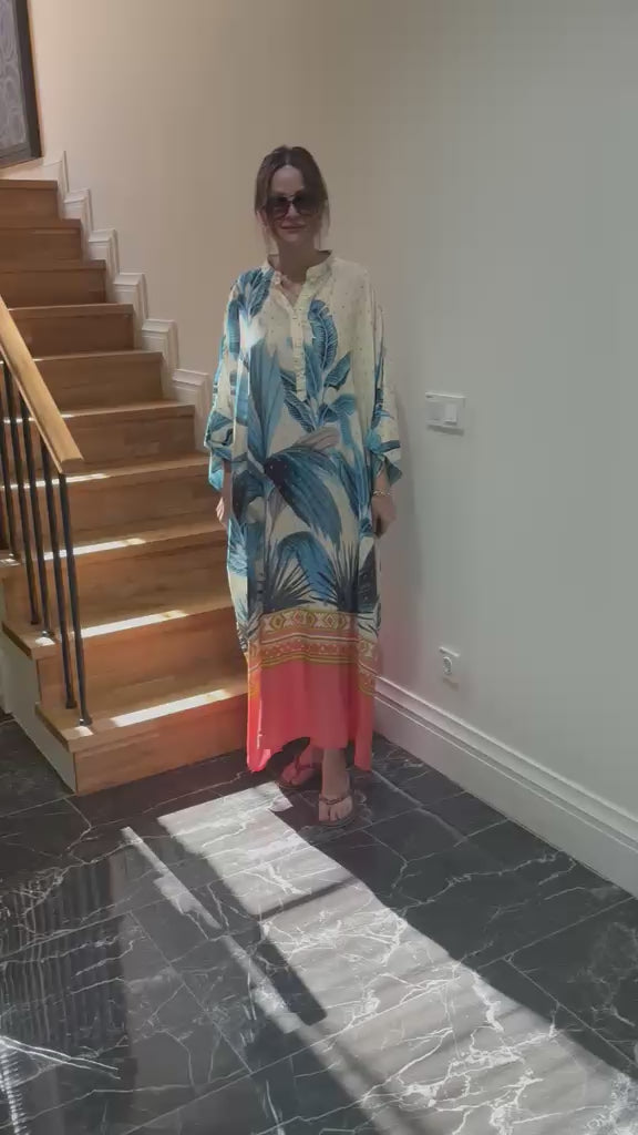 Women’s Tropical Print Kaftan Dress – Oversized Summer Maxi Dress, Lightweight Beach Cover Up, Resort Wear, Relaxed Vacation Outfit