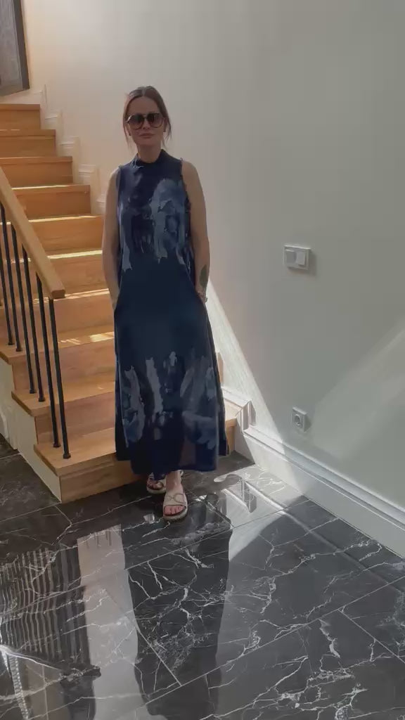 Navy Blue Linen Maxi Dress for Women – 100% Linen Sleeveless Dress, Artistic Floral Print Summer Dress, Relaxed Fit
