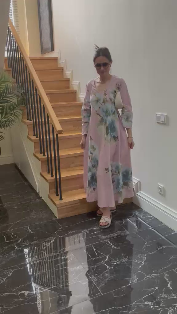 Powder Pink, 100% Linen,  Floral, Maxi  Dress for Women, Elegant Resort Wear, Summer Beach Dress